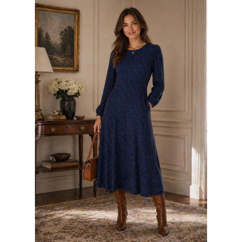BODEN Women's Midi Dress US6 Blue Floral Fit Flare Lenzing Ecovero D0780